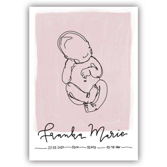 individuelles linedrawing babyposter mit handlettering Name und Geburtsdaten altrosa