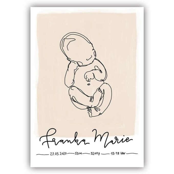 individuelles linedrawing babyposter mit handlettering Name und Geburtsdaten terrakotta