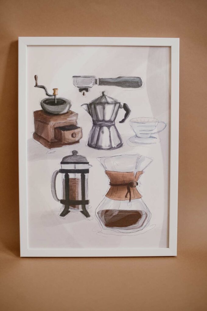 Illustration Poster Chemex Siebträger Kaffeemühle French Press